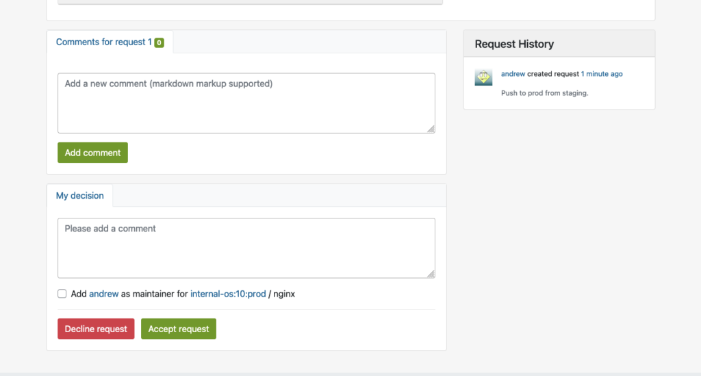 Überprüfung durch den Produktions-Repository-Master zum Annehmen oder Ablehnen.