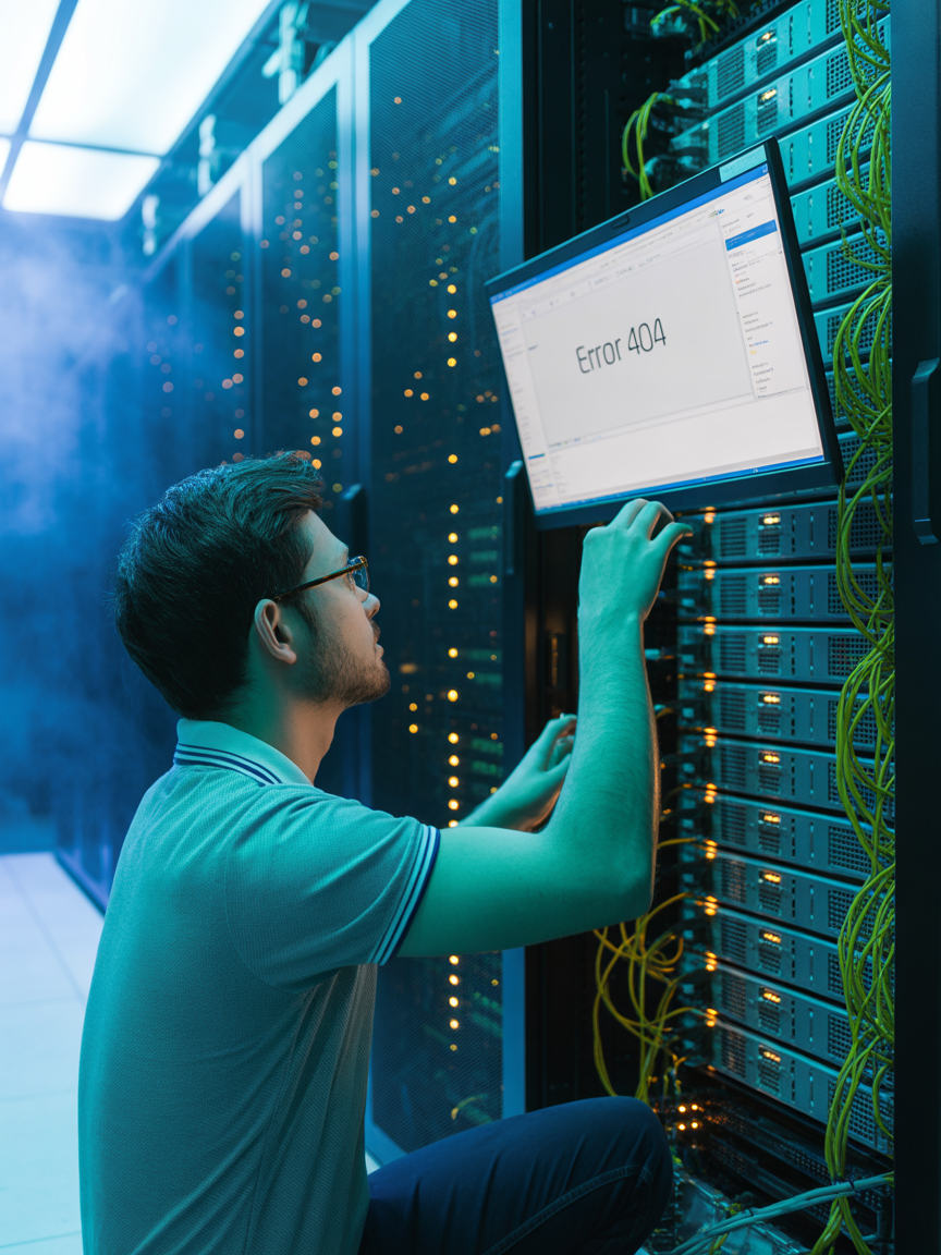 Techniker in einem Serverraum, der an der Verkabelung arbeitet.