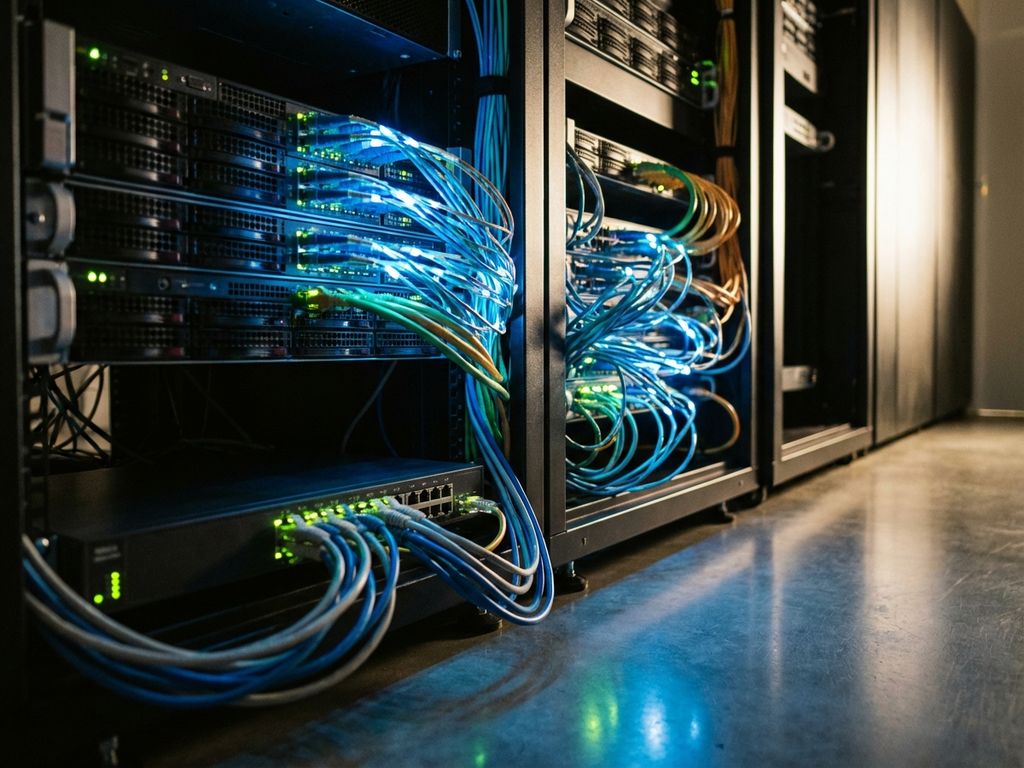 Network server rack with glowing Ethernet cables and switch in the data center with active data connections