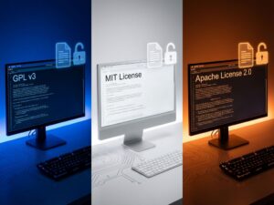 Drei farbkodierte Programmierumgebungen zeigen GPL-, MIT- und Apache-Lizenzen mit Terminal-Fenstern und schwebenden Dokumenten.