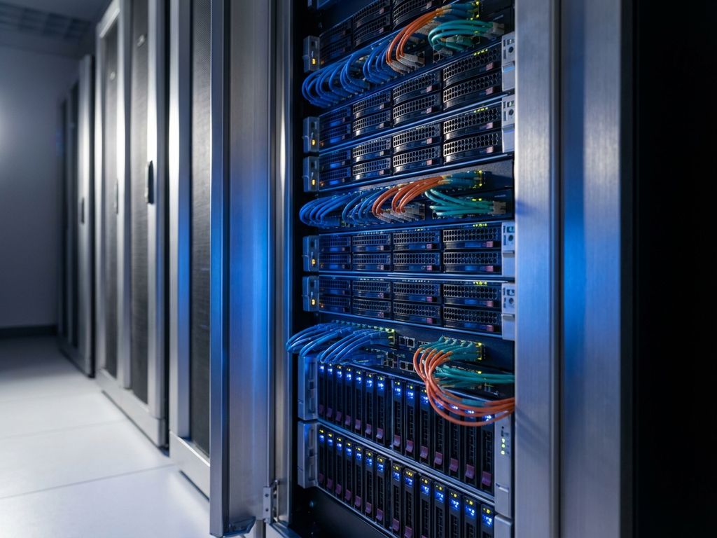 Modern server rack with hard drives and fiber optic cables in a professional data center with LED lighting