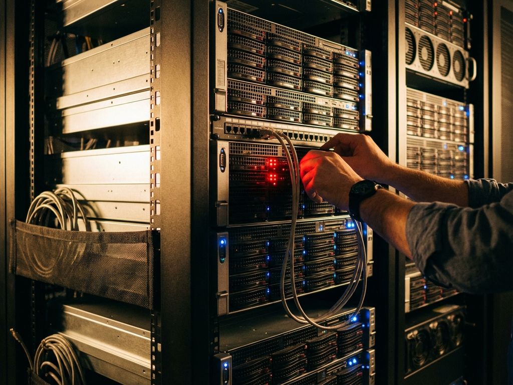 Server rack with red error lights and IT administrator reaching for problematic server, loose Ethernet cable
