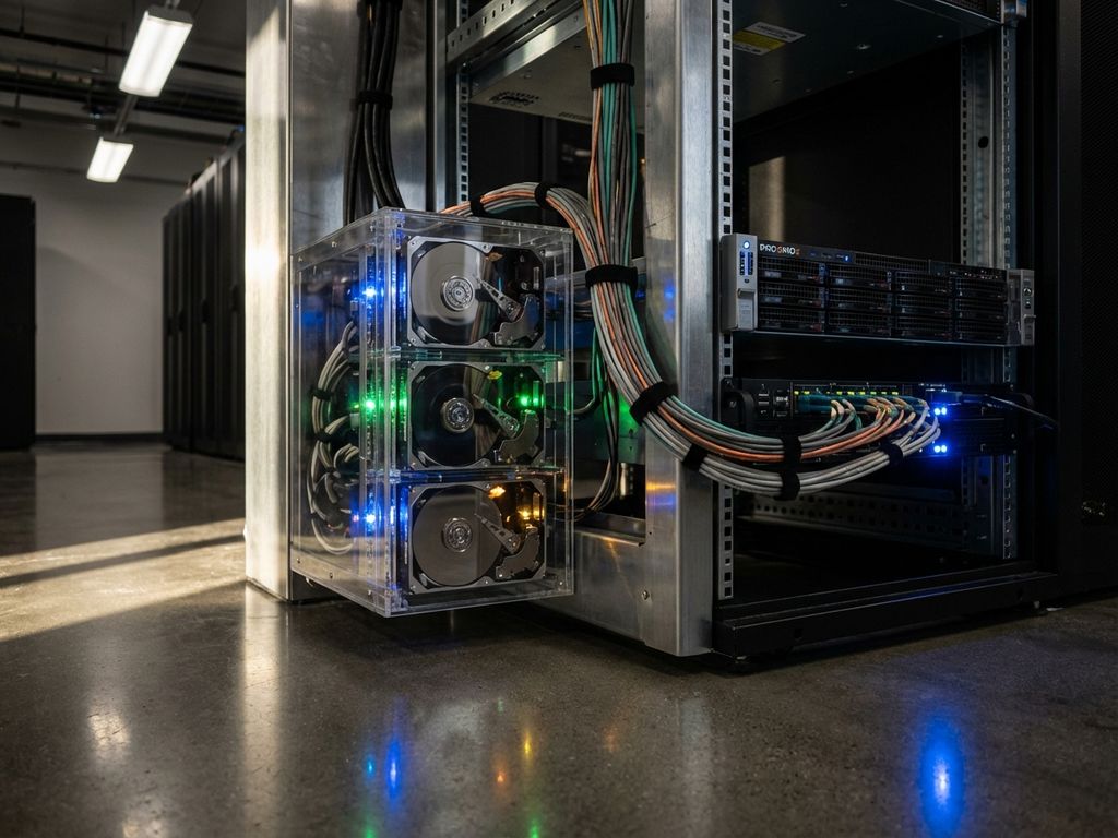 Moderner Server-Rack mit drei transparenten Speicherlaufwerken und Proxmox-Server in professionellem Rechenzentrum