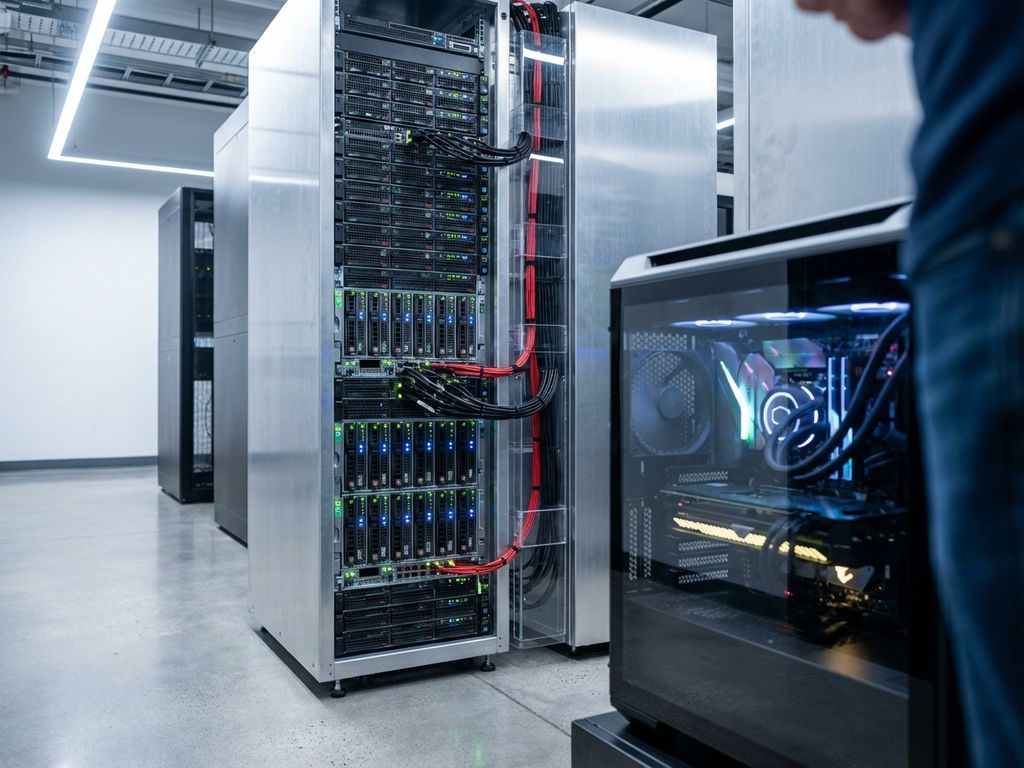 Moderner Server-Rack mit Blade-Servern und LED-Anzeigen in professionellem Rechenzentrum mit High-End-Workstation im Vordergrund