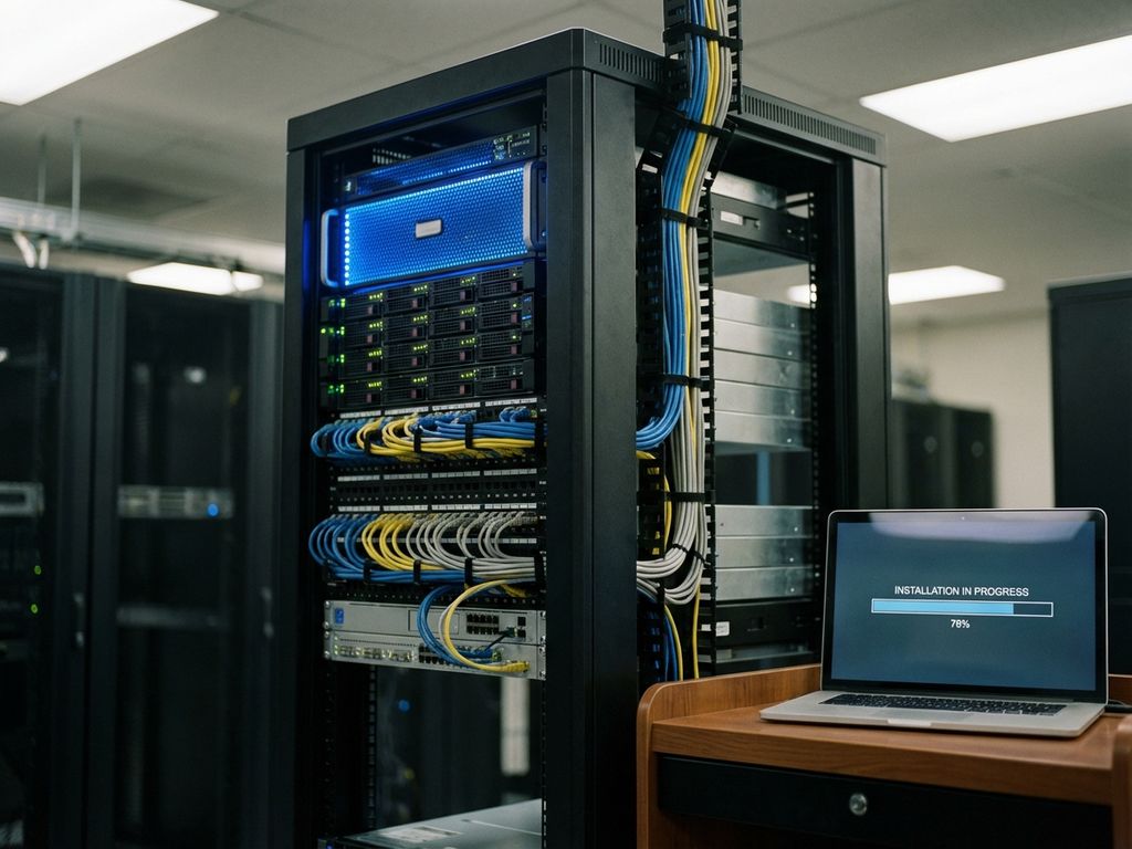Moderner Server-Rack mit blauen LED-Anzeigen in professionellem Rechenzentrum, Laptop zeigt Installationsfortschritt
