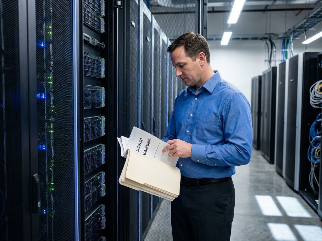 Geschäftsmann prüft Support-Vertrag neben modernem Server-Rack im professionellen Rechenzentrum mit LED-Anzeigen