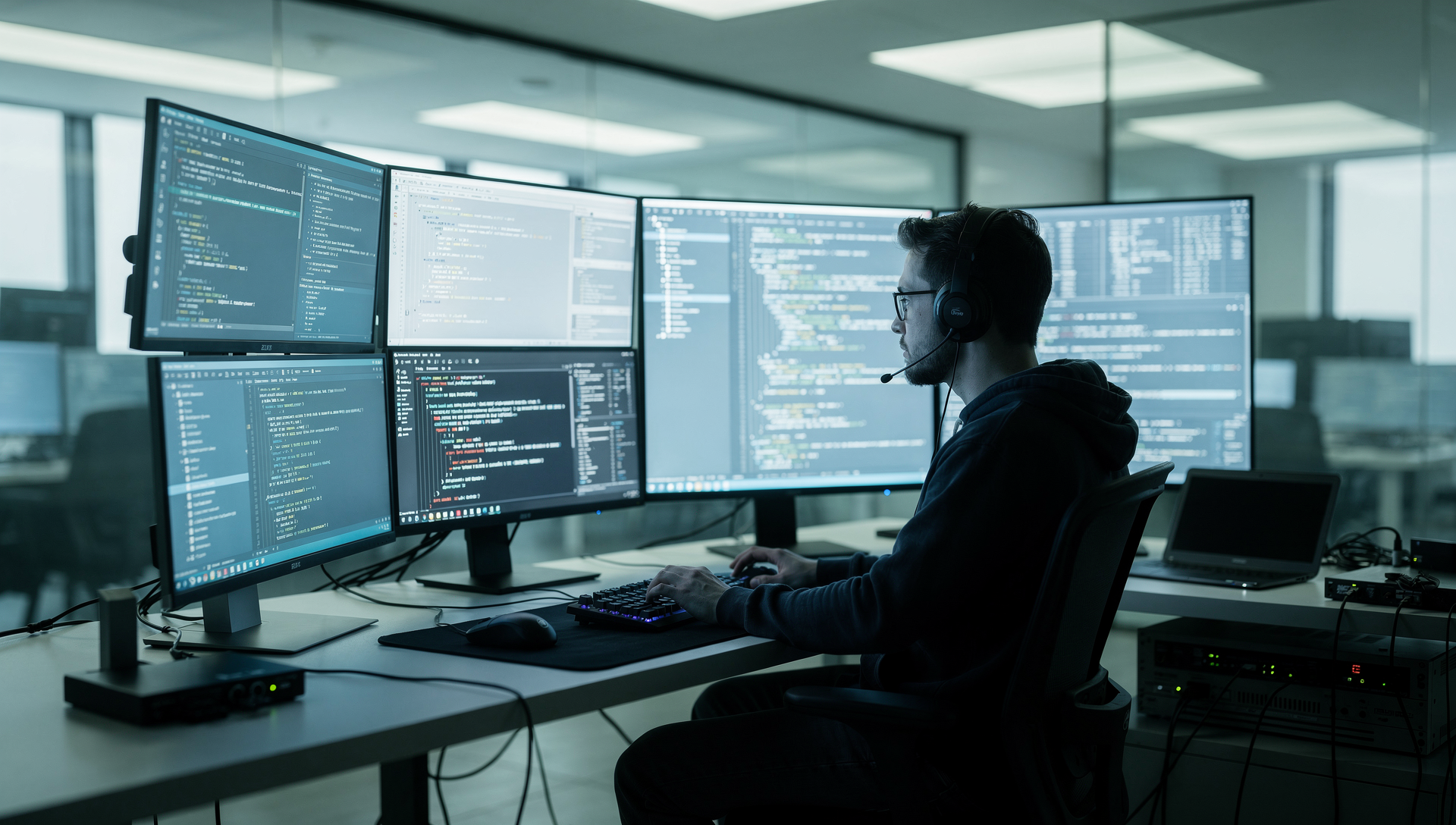 admin working with multiple screens in a modern work environment