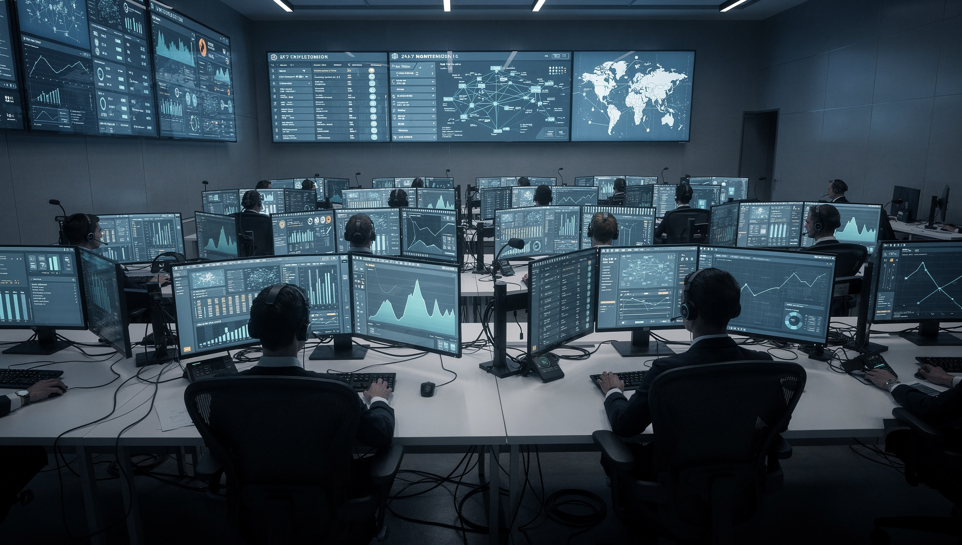 People in a massive control center with many screens