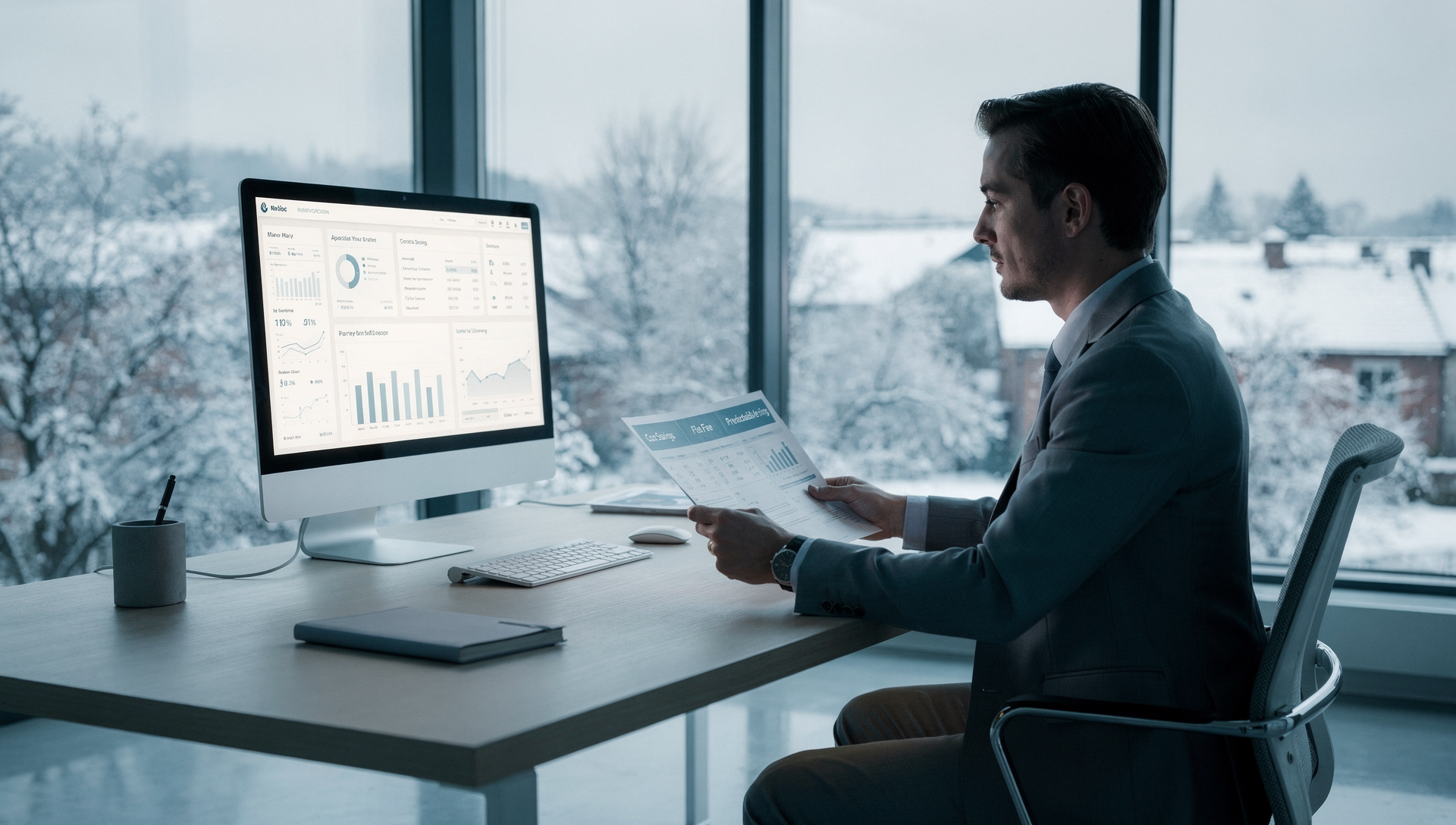Male person working on a modern desk