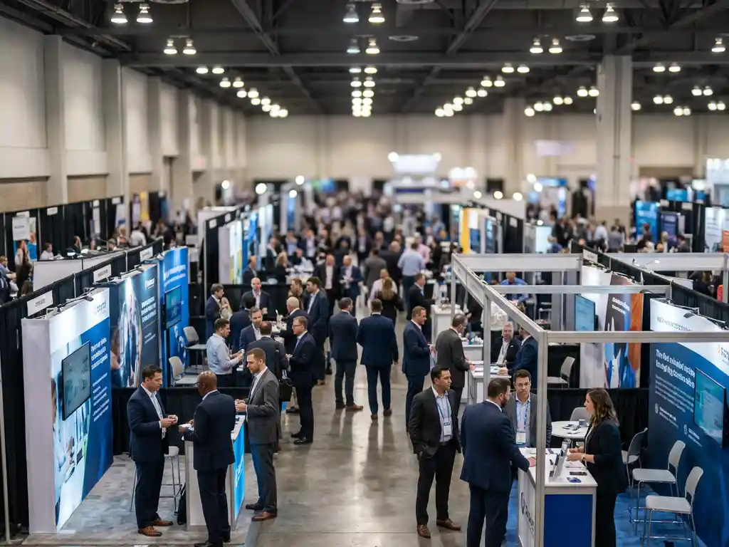 Business professionals in a busy exhibition hall with booths, product demonstrations, and networking conversations
