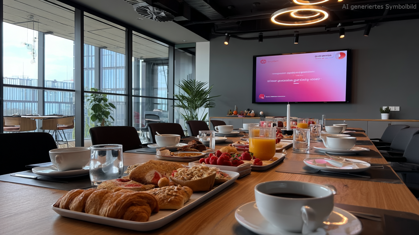 Symbolbild für einen Frühstückstisch in einem Konferenzraum, mit AI generiert.