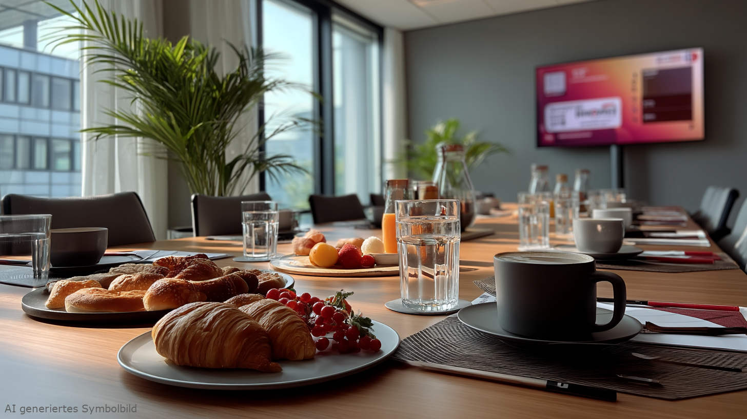 Symbolbild für einen Frühstückstisch in einem Konferenzraum, mit AI generiert.