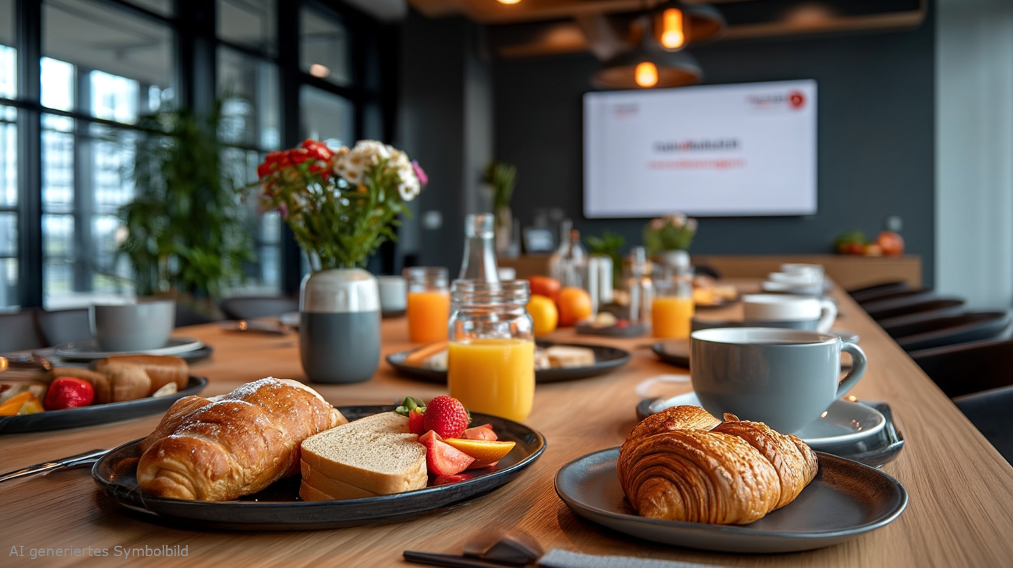 Symbolbild für einen Frühstückstisch in einem Konferenzraum, mit AI generiert.