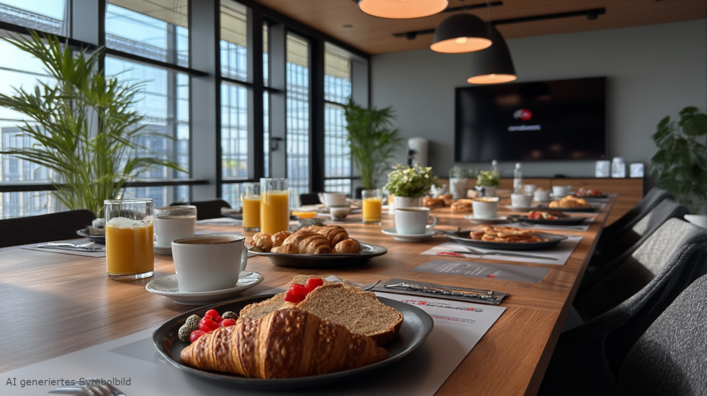 Symbolbild für einen Frühstückstisch in einem Konferenzraum, mit AI generiert.