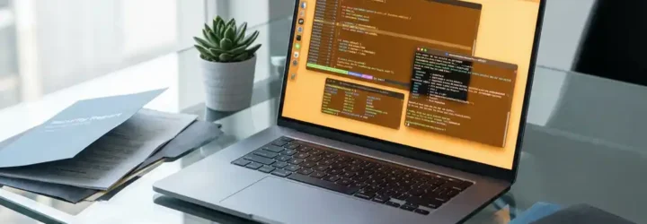 Silberner Laptop mit bunten Terminal-Fenstern auf Glasschreibtisch neben Sicherheitsdokumentation und Sukkulente im minimalistischen Büro