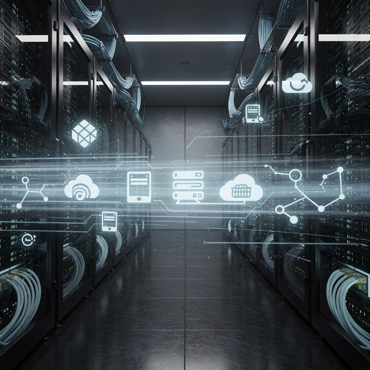 Datacenter-with-migrating-vm Modern datacenter row with moving virtual machines from left to right.